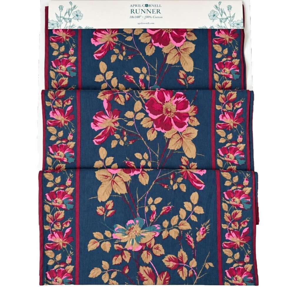 April Cornell Dark Teal Pink Table Runner 18x108 Floral French Country Garden